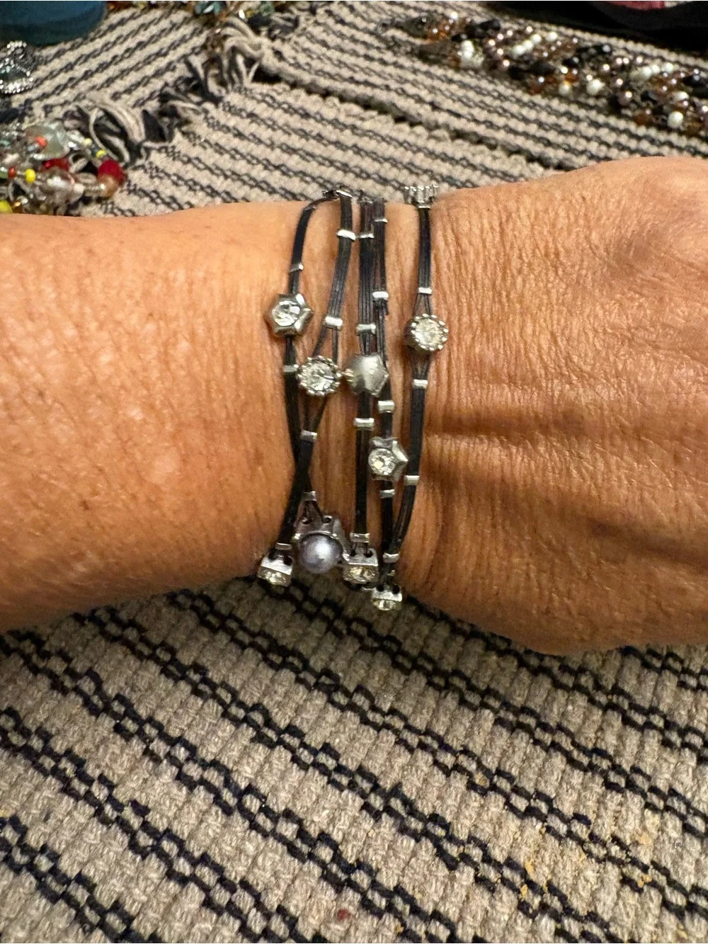 Source Unknown Black Multi-Strand Wire Bracelet with Silver Bead Accents